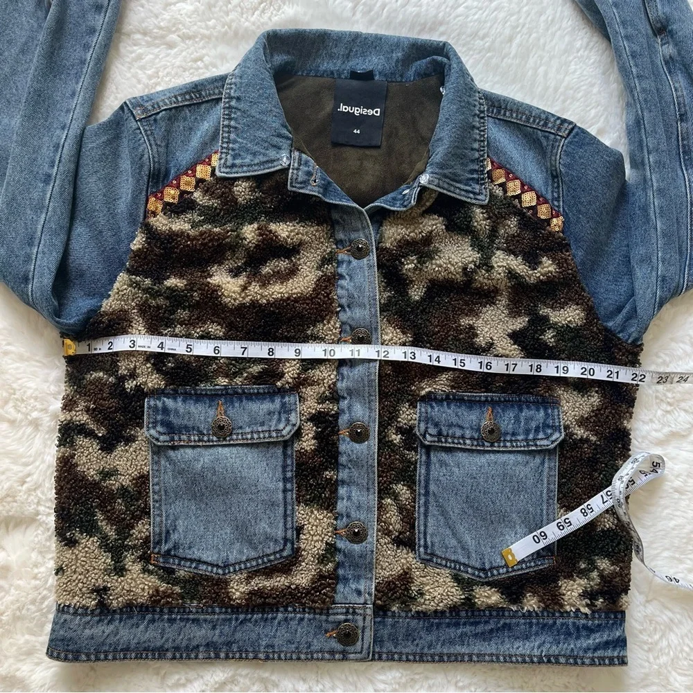 Desigual Denim Camouflage Jean Jacket with Faux Fur XL - Picture 14 of 15